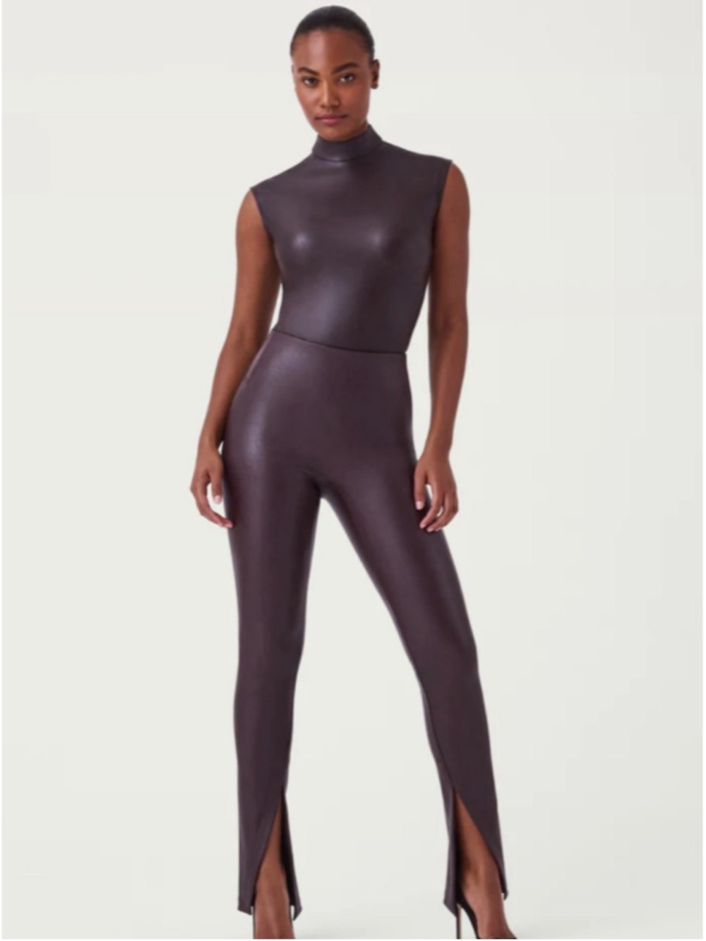 Women's SPANX Faux Leather Front Slit Leggings in Cherry Chocolate L